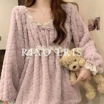 
RIXO LRIS French coral velvet pajamas suit for women in autumn and winter lace thickened waist warm new home clothes
