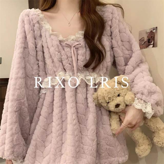
RIXO LRIS French coral velvet pajamas suit for women in autumn and winter lace thickened waist warm new home clothes
