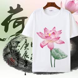National Trend Ink Painting Lotus Printed Short-Sleeved T-Shirt for Men and Women, Summer Ethnic Style Loose Party Cultural Shirt