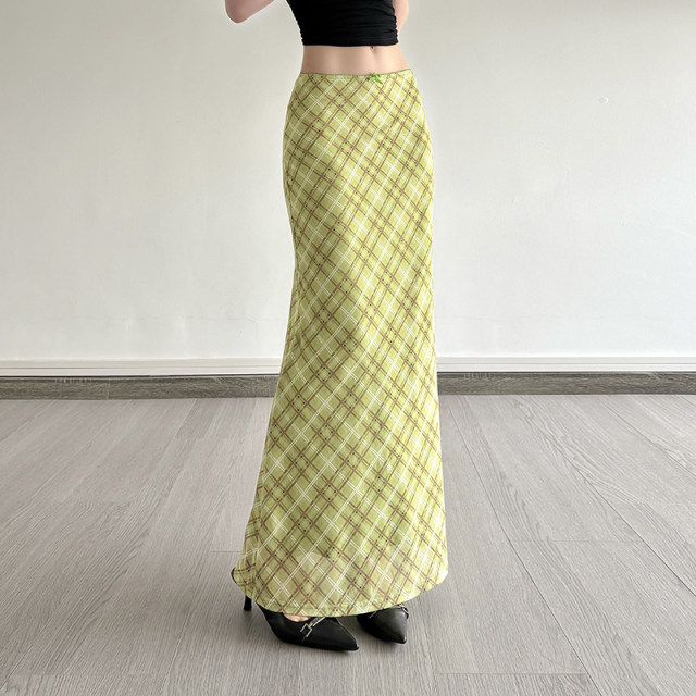 HEYOUNGIRL Summer Mambo Contrast Color Checker Green Mesh Skirt Fresh Retro Vintage Hip-cover Long Skirt