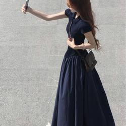 Hepburn-Style Polo Collar Elegant Little Black Dress for Women, Summer 2026 New Model, Waist-Cinching, Flattering, Slimming, Very Stylish Long Dress