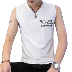Vest Men's Summer Sports Running Fitness V -neck sleeveless T -shirt Personalized Tide Brand Kan Shoulder Top Body Wide -shoulder Skirts Cotton
