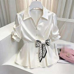 2026 New Summer Style Women's White Shirt with a Stylish Bow Design and Puff Sleeves, Super Stylish Top
