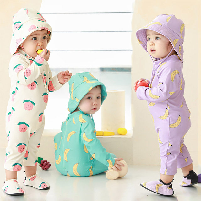 Korean new children's swimsuit girls one-piece long-sleeved sun protection swimsuit ins boys 0-7 baby swimsuit swimming cap