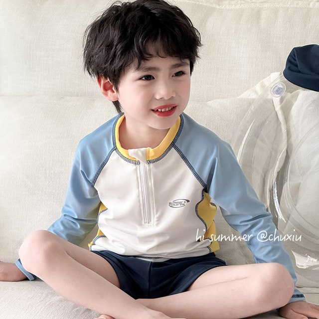 Children's swimsuits boys split long sleeves sun protection quick drying small and medium-sized boys beach baby short-sleeved student swimsuits