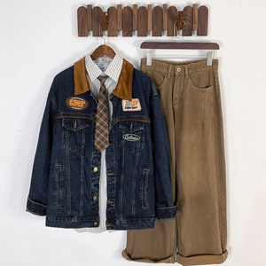 
Trendy Japanese retro embroidered lapel denim jacket men and women trendy brand vintage handsome jacket top