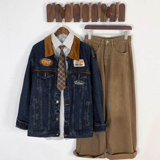
Trendy Japanese retro embroidered lapel denim jacket men and women trendy brand vintage handsome jacket top
