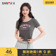 Sanfu short T-shirt 2025 summer American pattern printed contrasting short round neck top women's clothing 495811

