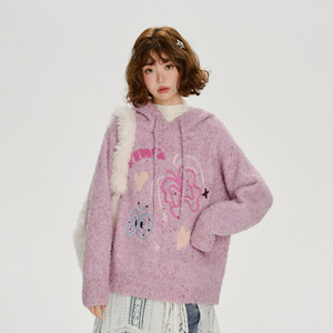 
Girlyhalo American retro color dot knitted hooded sweater women's autumn and winter new soft and waxy loose lazy top