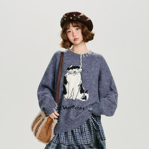 
Girlhalo American retro jacquard rope round neck pullover sweater for women in autumn and winter new loose casual top