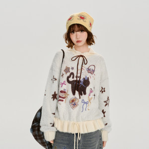 
Girlyhalo American retro cartoon jacquard color block sweater women's autumn and winter design soft and waxy loose top