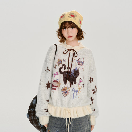 
Girlyhalo American retro cartoon jacquard color block sweater women's autumn and winter design soft and waxy loose top