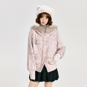 Girlhalo American gray pink fur collar jacket for women's spring and autumn new design slim hooded cardigan sweater
