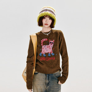 Girlhalo American retro round neck sweater for women in autumn and winter new short cartoon long-legged cat pullover knitted sweater
