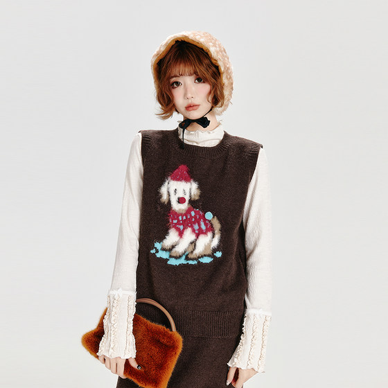 
Girlhalo retro fur vest skirt knitted suit for women autumn and winter new soft glutinous jacquard vest sweater