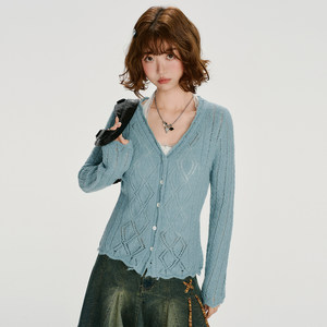 
Girlhalo American retro V-neck hollow knitted sweater cardigan for women's autumn new slim top