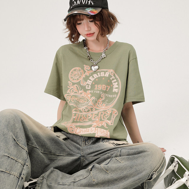 Girlhalo American retro green round neck short-sleeved T-shirt for women in summer loose casual white printed top
