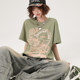 Girlhalo American retro green round neck short-sleeved T-shirt for women in summer loose casual white printed top
