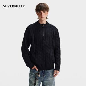 
NEVERNEED solid color half-zip twist sweater men's winter American cleanfit warm couple sweater