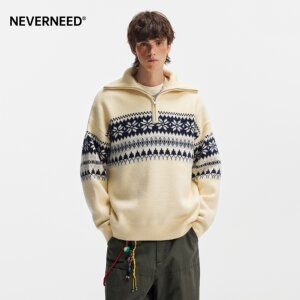 NEVERNEED Fair Isle jacquard sweater for men and women in autumn American lazy couple half-zip pullover sweater