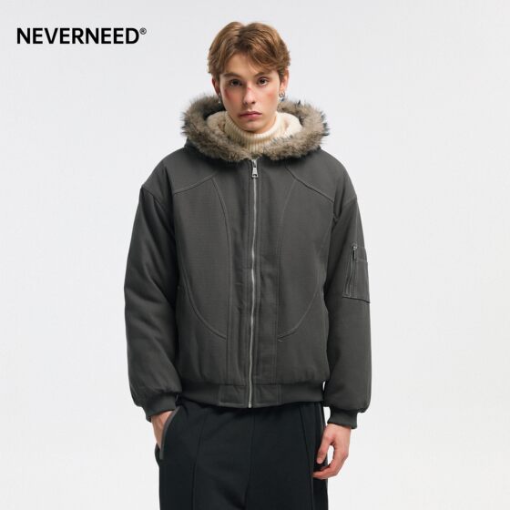 
NEVERNEED mountain sculpture deconstructed fur collar hooded cotton coat for men and women winter American trendy brand short couple coat