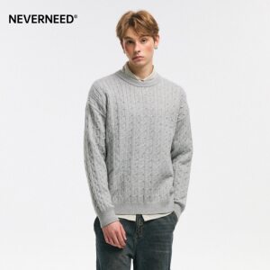 
NEVERNEED solid color twist round neck pullover sweater for men in winter American retro lazy style couple's knitted sweater