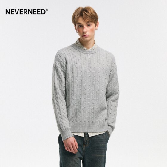 
NEVERNEED solid color twist round neck pullover sweater for men in winter American retro lazy style couple's knitted sweater