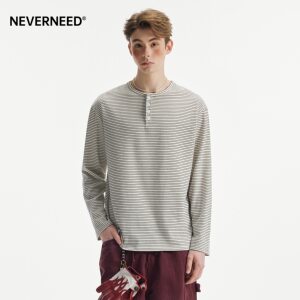 
NEVERNEED striped Henry collar long-sleeved T-shirt for men and women spring American trendy brand simple casual bottoming shirt top