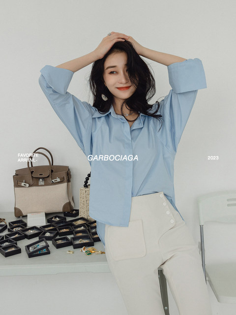 Garbociaga Long Xier Midsummer Shirt Loose Simple Lapel Shirt Women's Versatile Long Sleeve Top 2208