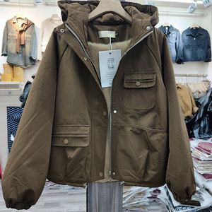 
Design-sensed hooded plush work jacket 2025 autumn and winter women's new Korean loose casual short windbreaker trend