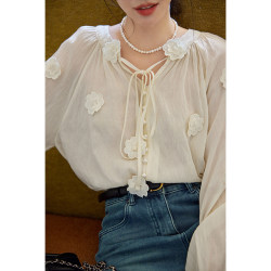 French-Style Retro V-Neck Tie Shirt for Women, Early Spring 2026 New Design, Niche Sweet Inner Wear Shirt