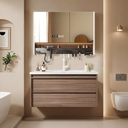 Bathroom Cabinet with Antique-Style Walnut Wood and Ceramic Integrated Basin, Bathroom Sink Cabinet Combination, Washbasin Vanity Unit