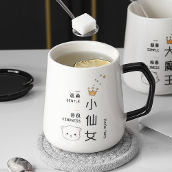 Ceramic Mug with Lid, Spoon, Straw Cup, Large Capacity Couple Cup, Creative Milk Cup, Cute and Good-Looking Water Cup