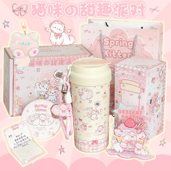 Pink Cat Thermos Cup Gift Box Set with Ceramic Liner, High-Value Straw Cup, Birthday Gift for Female Friends, Water Cup