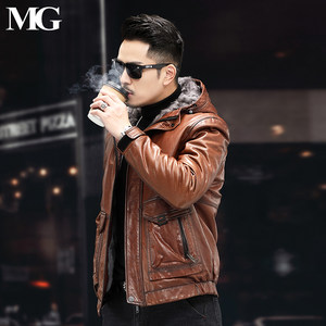 Haining fur sheepskin wool inner bile goat leather jacket male slim jacket short hooded leather leather winter
