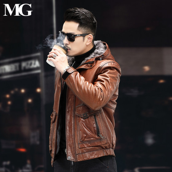 Haining fur sheepskin wool inner bile goat leather jacket male slim jacket short hooded leather leather winter
