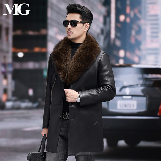 
High-end American raccoon fur collar mink inner lining leather jacket men's mid-length suit goat leather jacket integrated fur