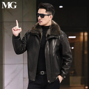 
2025 winter American raccoon fur collar genuine leather coat down jacket men's first layer goatskin coat thickened warm leather jacket