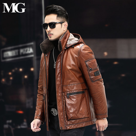 Haining fur sheepskin woolen inner inner inner bilots can be disassembled and mid -length coat head layer goatskin male leather jacket

