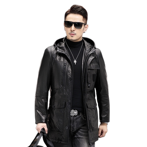 The head layer calf leather jacket male leather leather coat hooded mid -long long model can remove the goose velvet inner bile leather jacket trench coat
