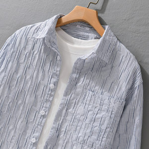 
Spring and autumn men's striped simple long-sleeved shirt fresh casual loose Japanese versatile embroidered men's shirt 8003