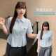 Blue lace striped waist design sense short -sleeved shirt, large size fat MM, thin shirt 63458 strong women's clothing
