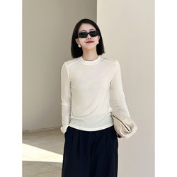 Casual Round-Neck Lyocell Long-Sleeved T-Shirt for Women, White Design-Based Bottoming Shirt, Basic Pure Color Inner Top