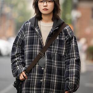 TIP plaid Japanese fake two-piece contrasting color spliced ​​cotton jacket for men and women couples hooded retro warm cotton jacket
