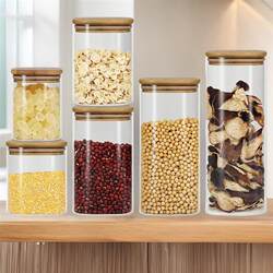 Kitchen storage square glass sealed jar with bamboo lid transparent glass storage jar multigrain coffee bean storage bottle