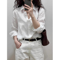 White Cotton and Linen Polo Collar Long-Sleeve Shirt with a Light Luxury and High-End Feel for Women, Early Spring Pure Linen Shirt, Stylish and Age-Reducing Top