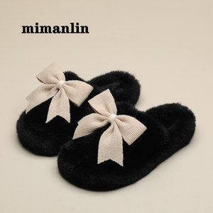 
Bow-tie furry slippers for women to wear outside in autumn and winter 2023 new internet celebrity indoor home non-slip cotton slippers