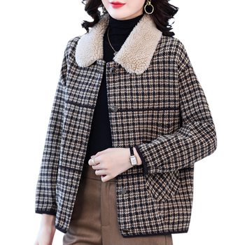 Woolen jacket knit cardigan houndstooth short top

