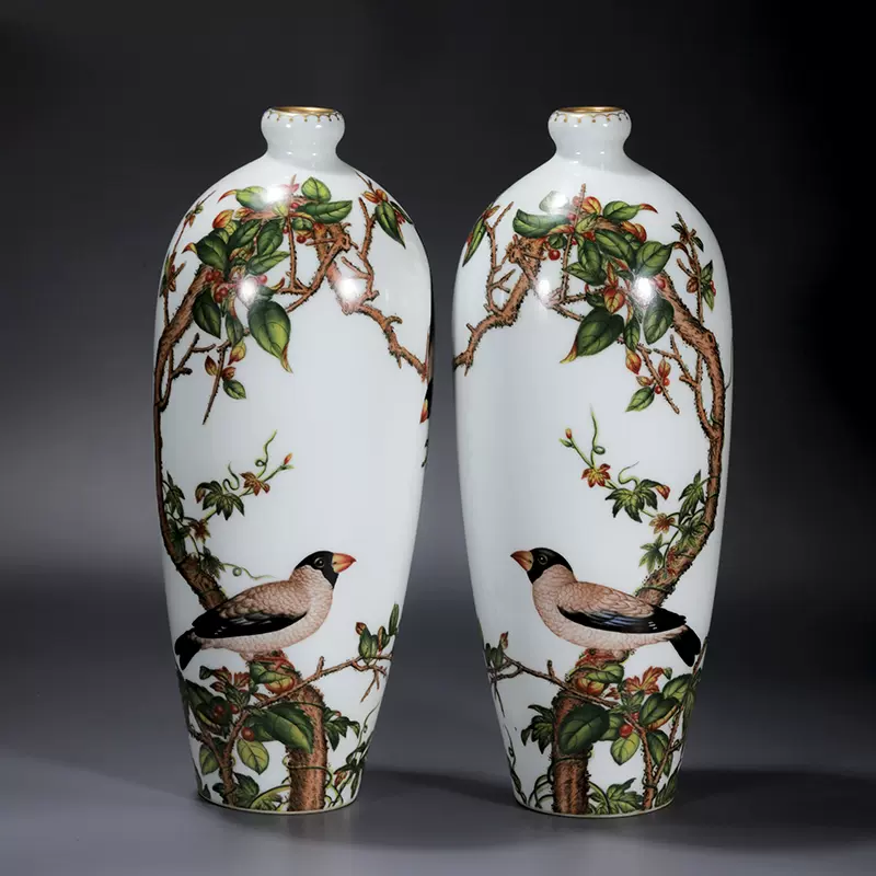 清雍正瓷器粉彩花鸟纹梅瓶一对古董古玩明清老瓷器旧货老货收藏-Taobao