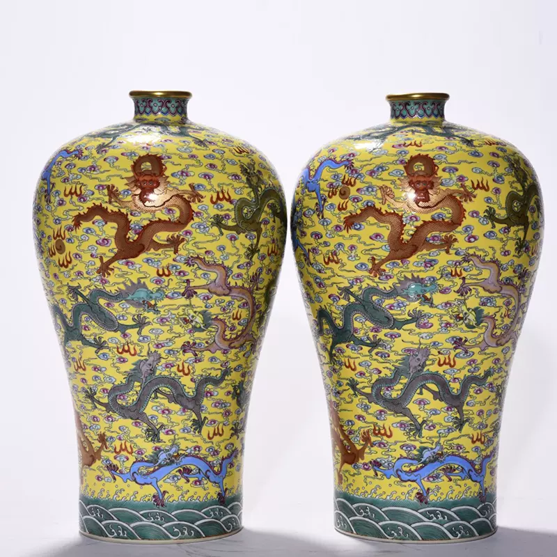 清雍正瓷器黄地粉彩龙纹梅瓶一对古董古玩明清老瓷器旧货老货收藏-Taobao